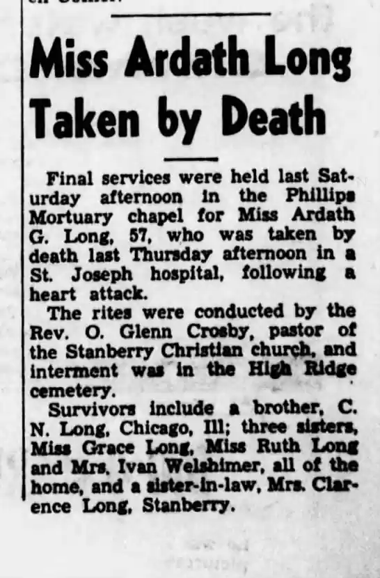 Ardath Long Obit. Headlight Mar 1, 1956 p. 1